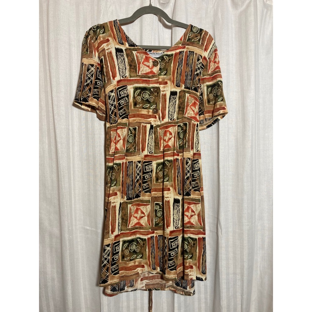 Boho Vintage 90s Geometric Tribal Print Short Sleeve Tie Back Dress Southwestern